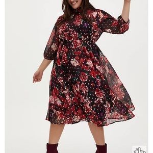 Torrid BURGUNDY PURPLE FLORAL CHIFFON MOCK NECK MIDI DRESS